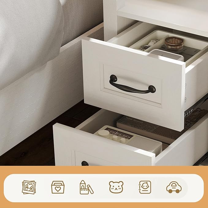 LINSY HOME Narrow End Table with Charging Station, Side Table with Glass Top, Open Shelf, and 2 Drawers, Small Sofa Table with Storage for Living Room, White