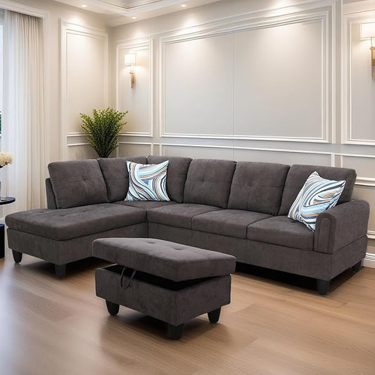 L Shaped Sectional Couches for Living Room, Modern Modular Sectional Sofa with Ottoman Storage, Comfy L Shaped Couch with Chaise for Bedroom Apartment Furniture, Coffee