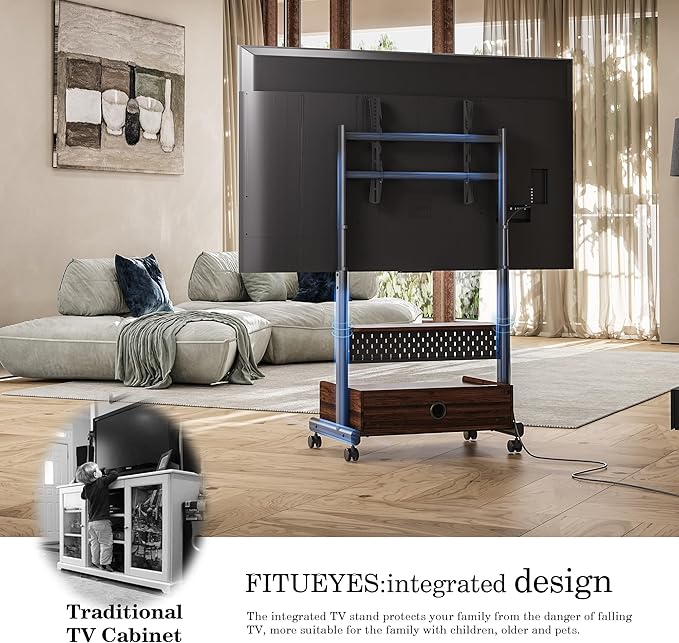 FITUEYES Rolling TV Floor Stand for 40-85in TVs, Heavy Duty Mobile TV Stand on Wheels Lockable, TV Cart with Wooden Large Storage Shelf & Pegboard Hold up to 132 lbs for Bedroom, Living Room, Office