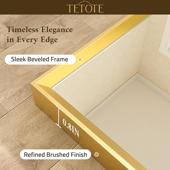 TETOTE Brushed Gold Vanity Mirror for Bathroom 40" x 30" Brushed Brass Rectangle Beveled Framed Bathroom Wall Mirror for Over Sink, Tempered Glass, Modern Farmhouse Bedroom, Entryway, Living Room