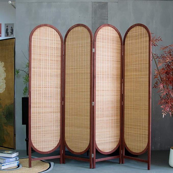 4 Panel Room Divider Screen and Folding Panel Screen in Arch Shape,Double Sided Panel Divider for Room Separation,Light Brown,70.9" H x 70.9" W