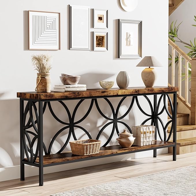 LITTLE TREE Sofa Table, 70.9 Inch Industrial Behind Couch Table with Storage Shelves, Narrow Long Console Table for Entryway, Living Room, Foyer, Hallway, Office