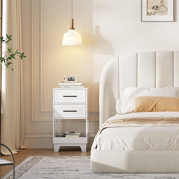 Tall Nightstand Set of 2 Side Table with 2 Drawers Modern Night Stand Wooden End Table Bedside Table with Below Open Shelf Solid Feet for Bedroom, Living Room, White
