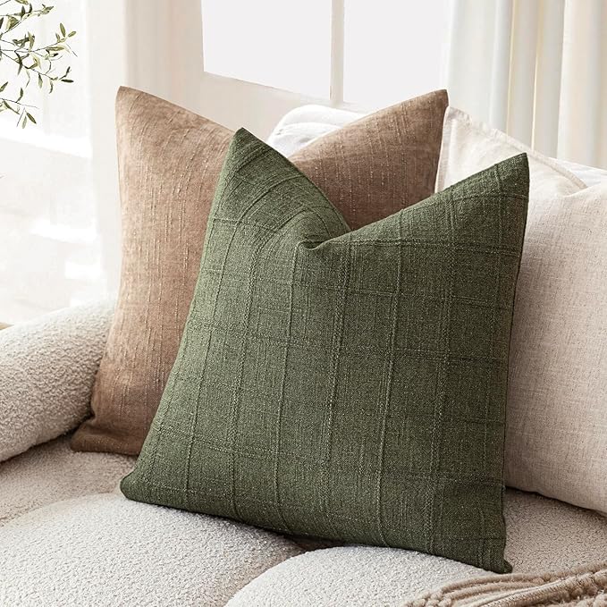 Foindtower Set of 2 Decorative Linen Check Throw Pillow Covers Neutral Farmhouse Vintage Cushion Covers Modern Boho Home Decor for Sofa Chair Couch Bedroom Living Room Outdoor,24×24 Inch,Olive Green