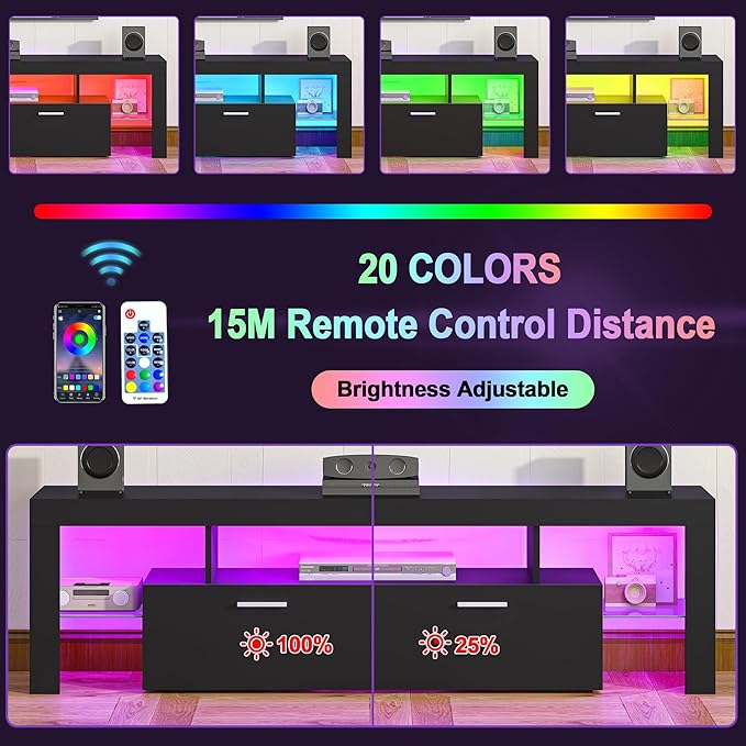 Clikuutory Modern Lighting 63 inch TV Stand with Large Storage Drawer for 50 55 60 65 70 75 Inch TVs, TV Console with 20 Color LED Lights, Entertainment Center Media and Open Shelf for Bedroom, Black
