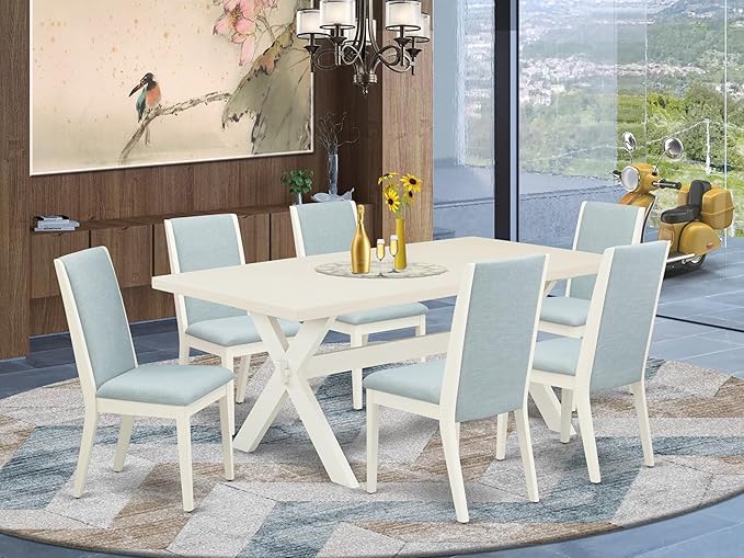 East West Furniture X027LA015-7 7 Piece Dining Room Furniture Set Consist of a Rectangle Dining Table with X-Legs and 6 Baby Blue Linen Fabric Parsons Chairs, 40x72 Inch, Multi-Color