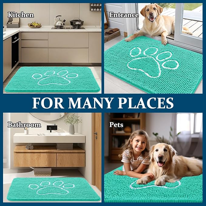 OLANLY Door Mat for Muddy Dog Paws 24x16, Ultra Absorbent Chenille Mud Doormat with Paw Print Design, Non-Slip Washable Doormat for Indoor Entryway, Quick-Dry Pet Bed Mats for Dirty Dogs, Teal