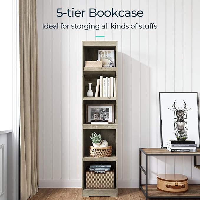 LINSY HOME 5-Shelf Bookcase, Narrow Bookshelves Floor Standing Display Storage Shelves 68 in Tall Bookcase Home Decor Furniture for Home Office, Living Room, Bed Room - Light Brown