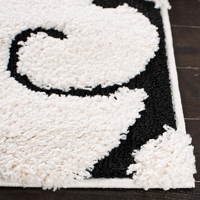 SAFAVIEH Florida Shag Collection Area Rug - 4' Square, Ivory & Black, Scroll Design, Non-Shedding & Easy Care, 1.2-inch Thick Ideal for High Traffic Areas in Living Room, Bedroom (SG455-1290)