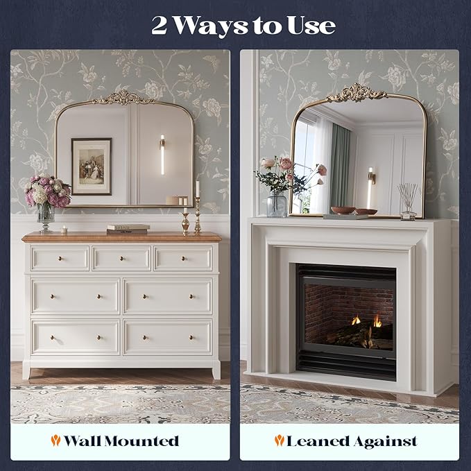 Vintage Gold Ornate Baroque Mirror, 30” x 36” Arched Antique Brass Mirrors for Fireplace Mantel, Arch Bathroom Vanity Mirror for Wall with Metal Frame for Entryway Bedroom Living Room