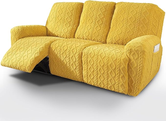 vctops 8 Pieces Geometric Jacquard Plush Recliner Sofa Covers Soft Fuzzy Fluffy 3 Seats Couch Cover Anti-Slip Sofa Slipcover Furniture Protector with Elastic Bottom for Kids Pet(Yellow,3 Seat)