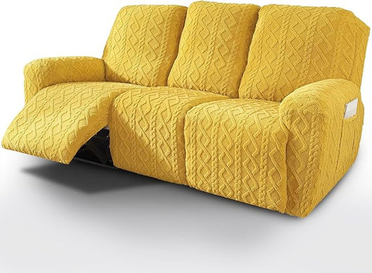 vctops 8 Pieces Geometric Jacquard Plush Recliner Sofa Covers Soft Fuzzy Fluffy 3 Seats Couch Cover Anti-Slip Sofa Slipcover Furniture Protector with Elastic Bottom for Kids Pet(Yellow,3 Seat)