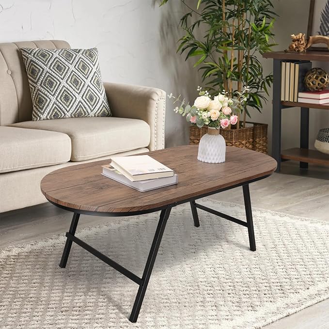 Folding Coffee Table for Small Spaces Wood and Metal Oval Coffee Table Portable Low Coffee Tables for Living Room, Home, Office, Light Brown