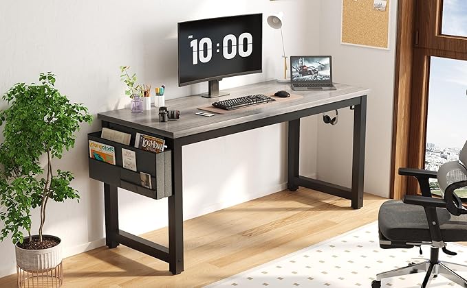 Large Computer Desk - 63 Inch Home Office Desks Study Student Writing Table Gaming Desk Wood Modern Simple Table with Storage Bag & Headphone Hooks, Grey