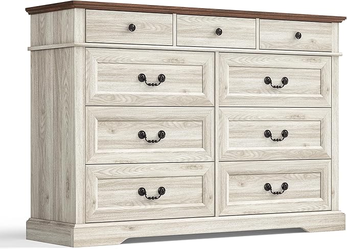LINSY HOME 9 Drawers Dresser for Bedroom, 54" Wide Wooden Storage Chest with Antique Handles, Modern Farmhouse Large Dresser TV Stand, Chest of Drawers for Closet, Living Room, Hallway, Beige