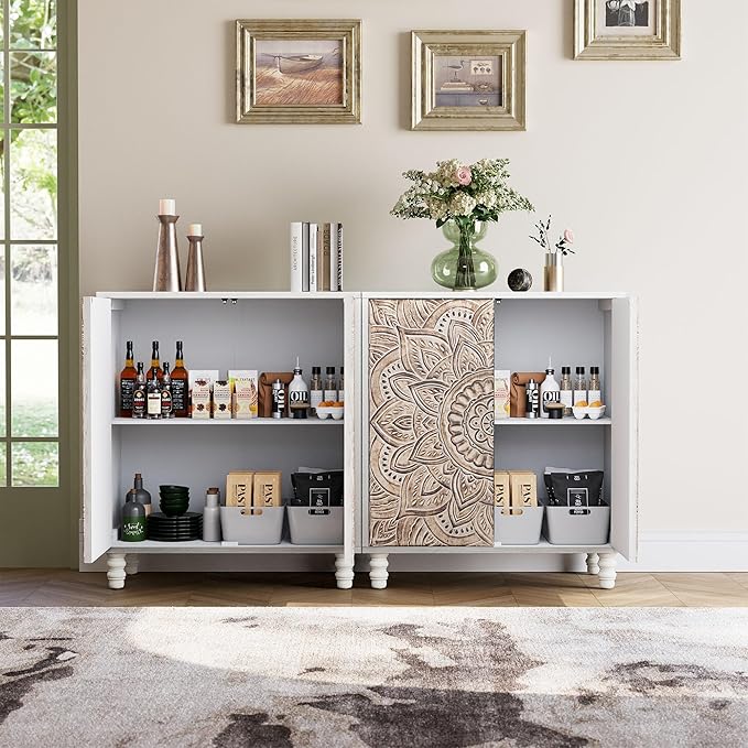 COSIEST Set of 3 32" Accent Storage Cabinets, Vintage Lotus Pattern Sideboards with Push-to-Open Doors, Carved Wood Buffet Table for Entryway, Kitchen, Living Room, Gray