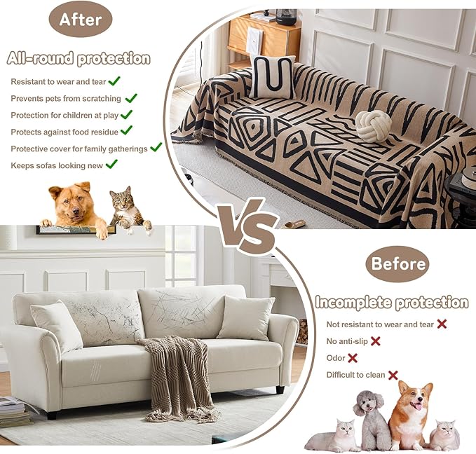 HANDONTIME Boho Geometric Couch Covers for Sofa Pet Friendly Taupe and Black Sofa Covers Washable Chenille Couch Blanket Cover for 1 2 Cushion Couches Pet Protector Furniture Cover Soft, 71" X 102"