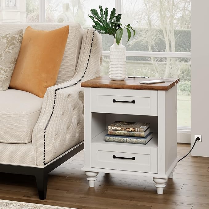 WAMPAT White Side Table with 2 Drawers & Charging Station, Mid Century Nightstand for Bedroom with Power Outlets & USB Ports, Wooden Bedside Table Night Stand with Shelf for Living Room, Antique White