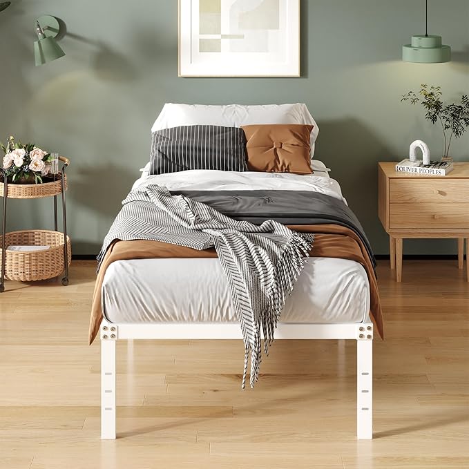 16 Inch White Twin XL Bed Frames, Metal Platform Twin XL Bed Frame with High Storage, Eassy Assembly 2,500 lbs Heavy Duty Bedframes