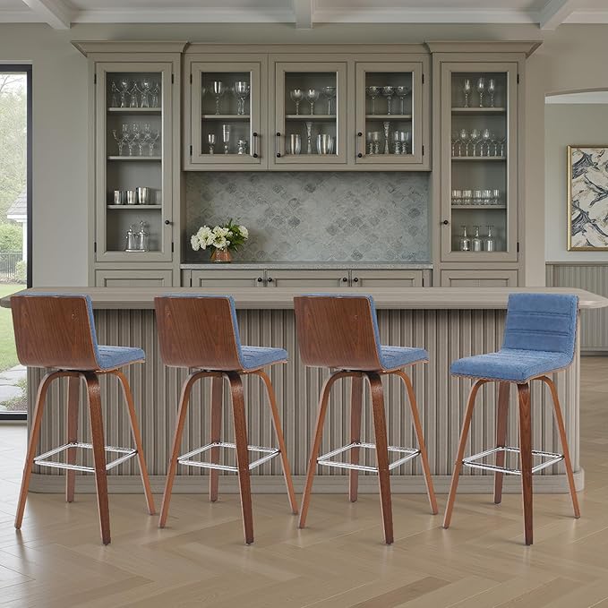 Vienna Modern Swivel Bar Height Stool with Vintage Blue Upholstered Seat and Walnut Finished Wood Frame Set of 3