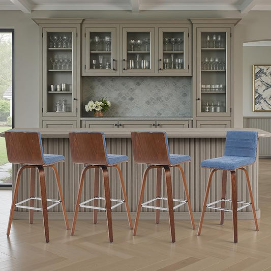 Vienna Modern Swivel Bar Height Stool with Vintage Blue Upholstered Seat and Walnut Finished Wood Frame Set of 3
