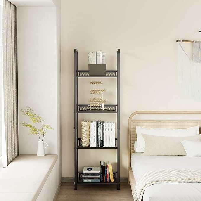 Bookshelf Vertical Storage Freestanding Storage Stand for Living Room, Bedroom, Kitchen, Rust Resistance, Easy Assemblyl Free CombinationMulti-Functional Organizer (4 Tiers, Black)