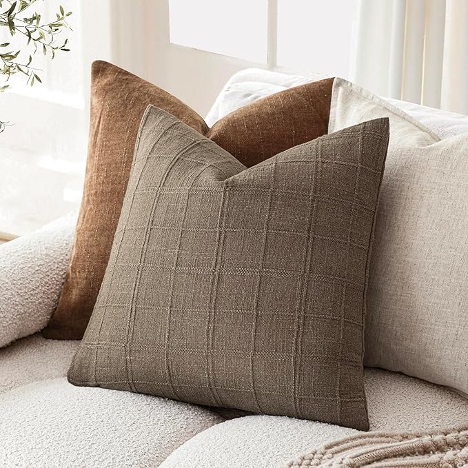 Foindtower Set of 2 Decorative Linen Check Throw Pillow Covers Neutral Farmhouse Vintage Cushion Covers Modern Boho Home Decor for Sofa Chair Couch Bedroom Living Room Outdoor,26×26 Inch,Light Brown