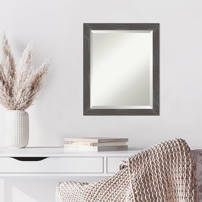 Amanti Art Grey Wall Mirror 23x19 Woodridge Rustic Grey Rectangle Bathroom Mirror for Wall Decor Living Room, Small Country Rustic Wood Frame, Hangs Horizonally and Vertically, Bathroom Decor,