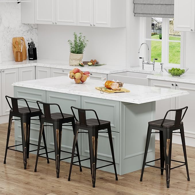 Yongchuang 24" Industrial Metal Barstools Set of 4 Counter Height Bar Stools with Back (24" Seat Height Wood Top Low Back, Distressed Gold)