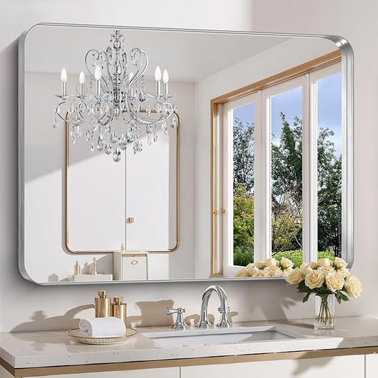 FORBATH 48x40 Inch Large Bathroom Mirror, Brushed Silver Deep Frame Wall Mirror with Rounded Corners, Anti-Rust Tempered Glass for Modern Farmhouse Vanity (Horizontal/Vertical)