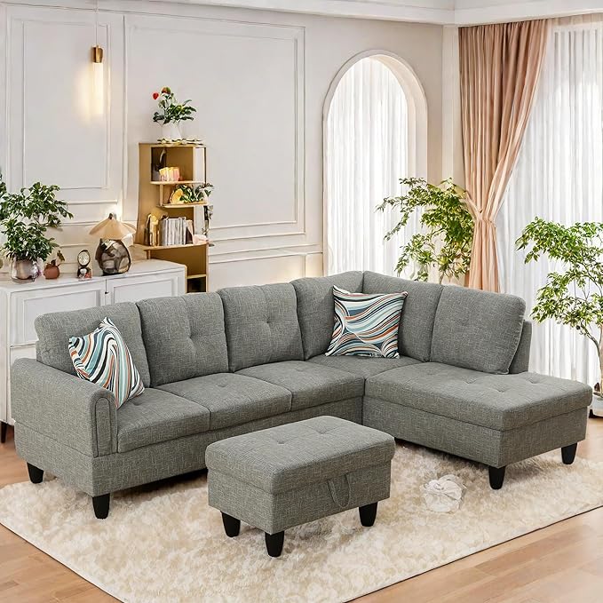 L Shaped Sectional Sofa with Ottoman, Modern Couches for Living Room, Microfiber Facing, Bedroom, Office