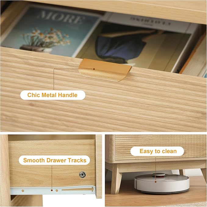 3 Drawer Fluted Nightstand for Bedroom, Modern Wood Chest of Drawers with Curved Profile, Fluted Dresser & Wood Drawer Organizer for Bedroom and Hallway