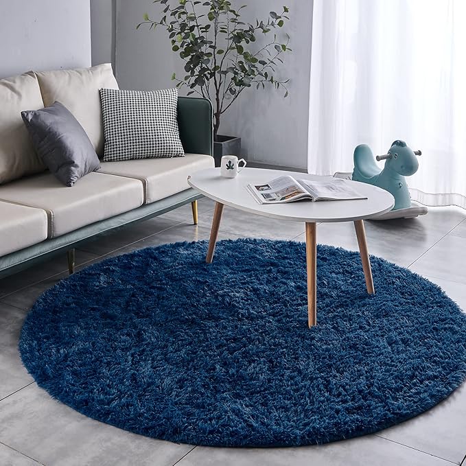 FJZFING Navy Blue Round Rug Ultra-Soft Plush Modern 5x5 Circle Area Rug for Kid's Bedroom, Fluffy Shag Circular Rug for Nursery Room, Non-Slip Home Decor Cute Navy Blue Carpet for Teen's Room
