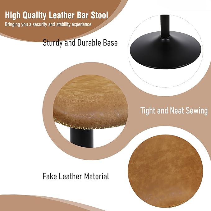 Bar Stools, Swivel Counter Height Barstools with Back, Adjustable Modern Bar Chairs, Tall Armless PU Leather Kitchen Island Stool (Yellow, Set of 2)