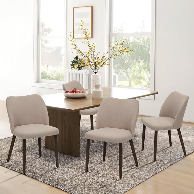 COLAMY Upholstered Dining Chairs Set of 4, Fabric Dining Room Kitchen Chairs with Padded Seat and Wood Legs for Restaurant/Cafe, Camel