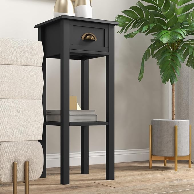 HOMCOM 2-Tier Side Table with Drawer, Narrow End Table with Bottom Shelf, for Living Room, Set of 2, Black