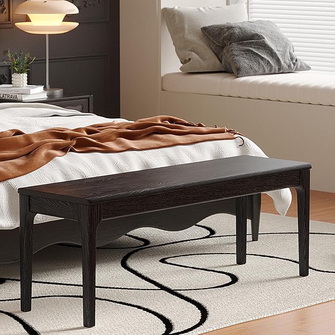 Dining Bench, Wood Bench Solid Oak Wooden Bench Indoor Dining Room Table Home Bedroom Bed End Restaurant Modern Hallway Furniture (Black, 60" W x 13.8" D x 17.7" H)