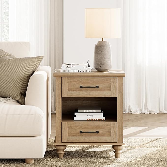 WAMPAT Oak Night Stand with 2 Drawers, Wooden Sofa Side Table with Charging Station, Farmhouse End Table for Living Room, Retro Nightstand Bedside Table for Bedroom
