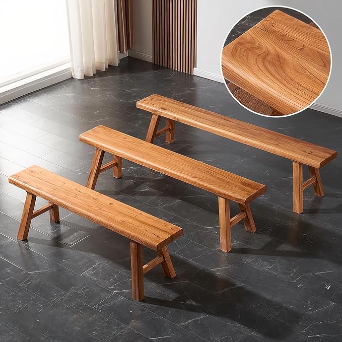 Farmhouse Wood Bench Indoor - 55.2Inch entryway Bench, Natural Solid Wood, Durable and Sturdy, Suitable for Dining Room, Bedroom, Porch and Other Narrow Spaces