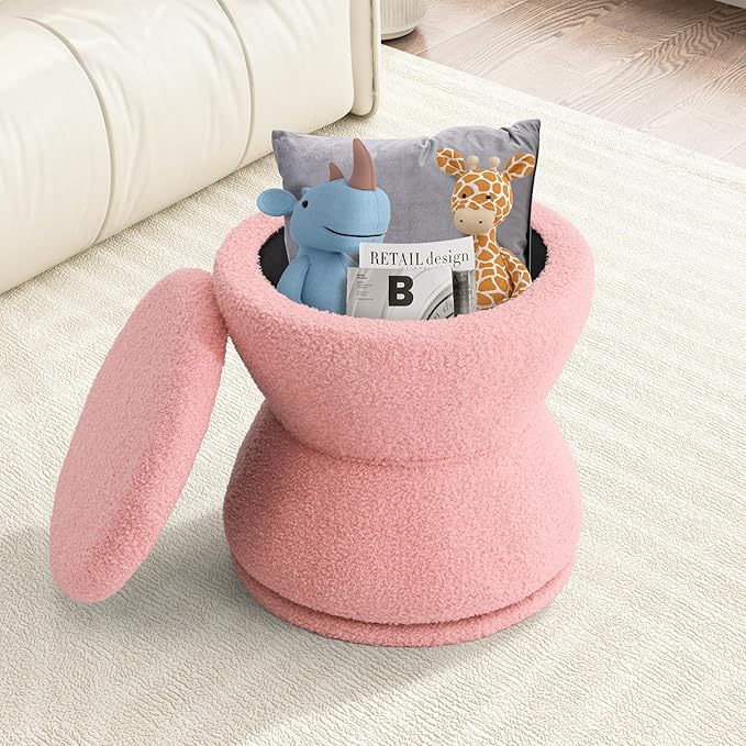 Round Ottoman with Storage, 360° Swivel Boucle Ottoman Vanity Stool, Upholstered Footstool with Storage Removable Lid, Modern Footrest Coffee Table for Living Room, Dorm, Makeup Room, Pink