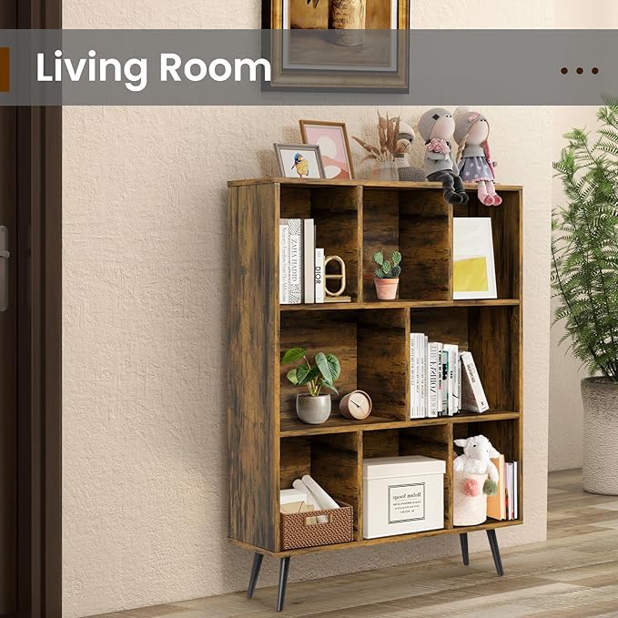 Bookshelf, 3-Tier 8 Cube Open Wooden Book Shelf with Legs, Floor Standing Office Bookcase, Wooden Bookcase for Office Furniture, Cubby Storage Organizer for Living Room/Bedroom