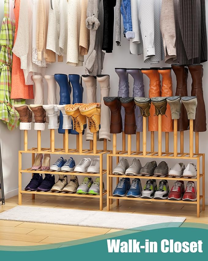 Boot Rack with Shoe Rack, Boot Rack Organizer Tall Boots for Closet, Bamboo Wood Shoe Shelf Storage Organizer for Entryway Small Space