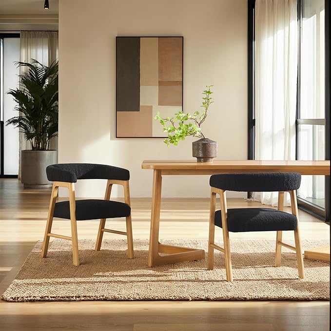 Walker Edison Ezra Modern Curved Back Dining Chair with Boucle Upholstery - Black (Set of 2)
