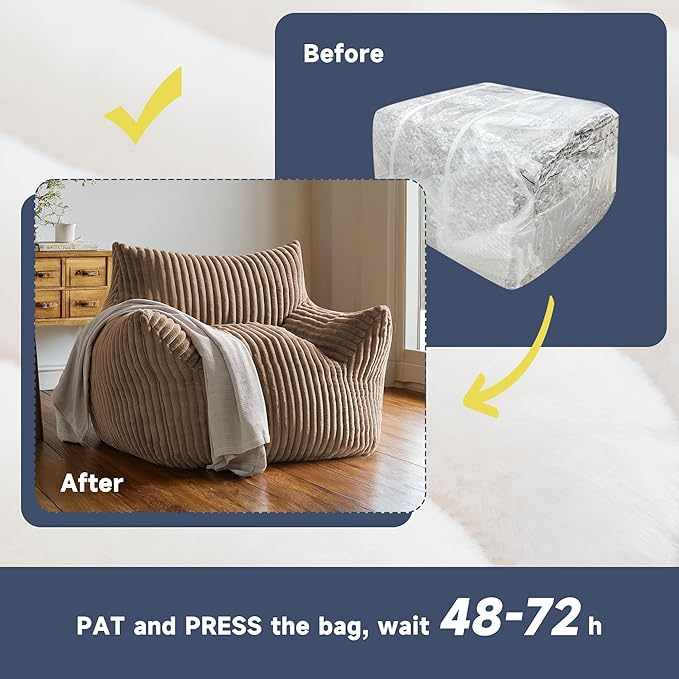 Oversized Bean Bag Chair for Adults, Giant Comfy Plush Boneless Bean Bag Couch with Filler for Kids - Reading Chair for Living Room, Bedroom & Dorm, Single Accent Chair Floor Lounger, Khaki