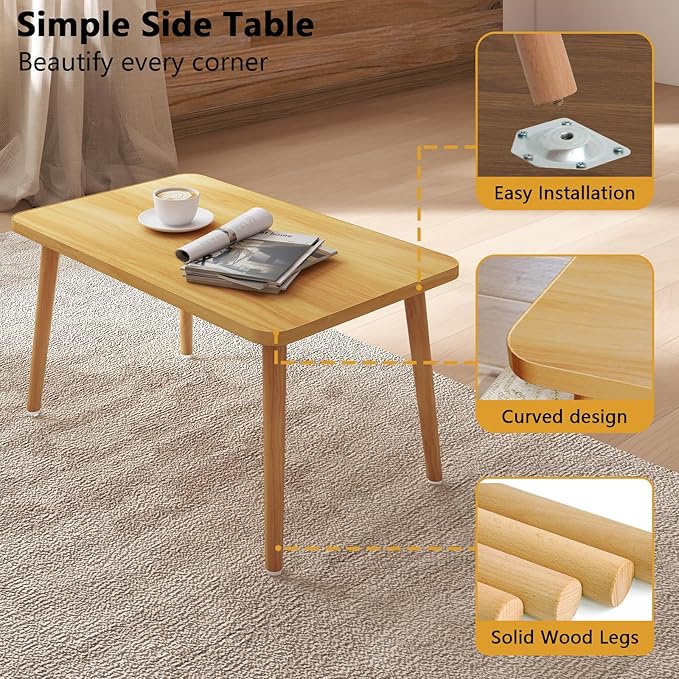 Square Coffee Table Low Table with 4 Solid Wood Sturdy Legs, Floor Table Desk for Sitting on The Floor, Storage and Living Room Furniture (Natural)