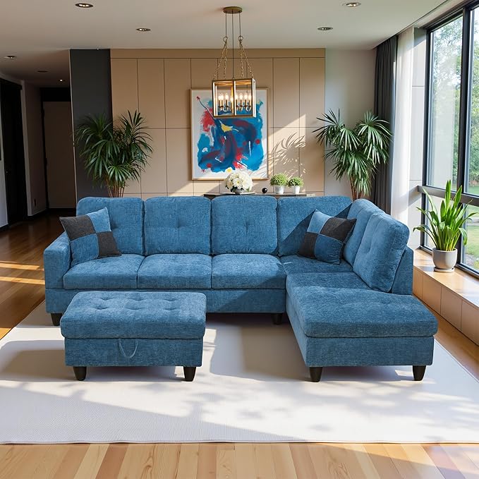 103.5" Oversized Sectional Couch, L Shaped Couch with Storage Ottoman, Modern Modular Sofa with Deep Seat, Sectional Couches for Living Room and Office, Blue (Flannel)