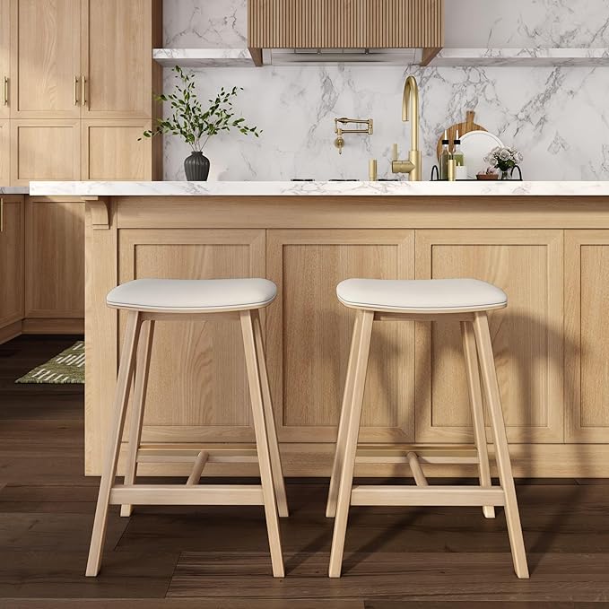 Plank+Beam Beryl Counter Height Stool - Mid-Century Modern Rubberwood Bar Stool with Faux Leather Seat, Metal Footrest, Easy Assembly, 4-Pack, Blonde/Sesame