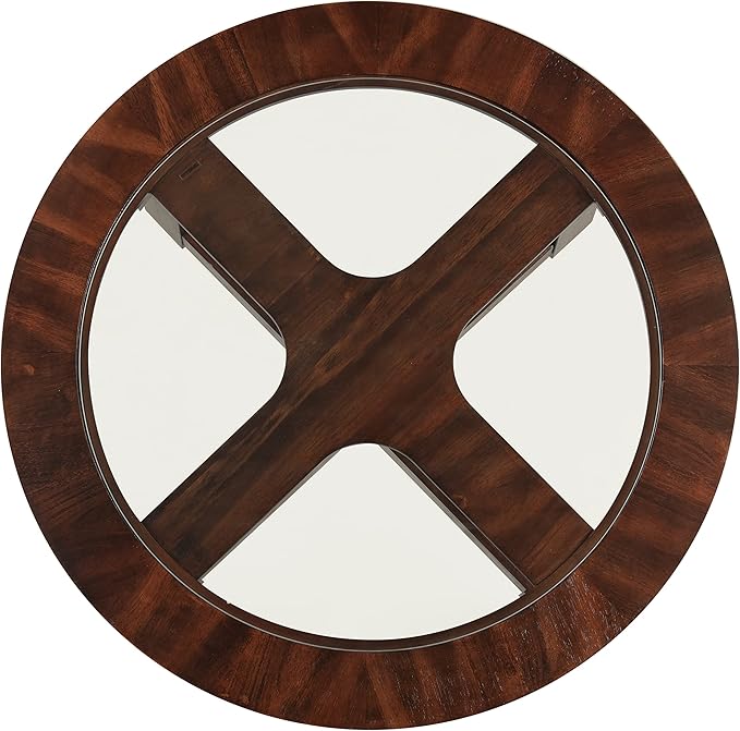 Roundhill Furniture Cylina Solid Wood Glass Top Round Coffee Table with 4 Stools, Espresso