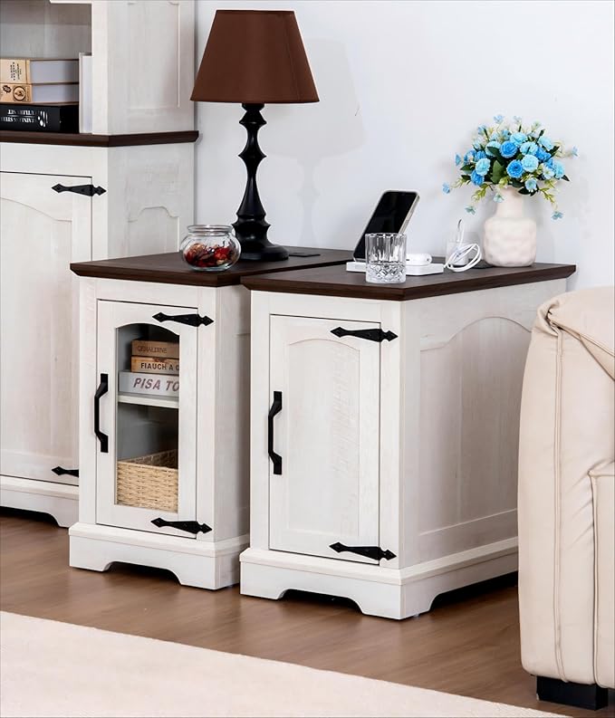 Narrow Side Table with Charging Station,13.8" W End Table with Storage for Sofa Couch or Bed Side with Outlets & USB Ports, Farmhouse Nightstand for Bedroom Livingroom (Glass,White & Walnut)