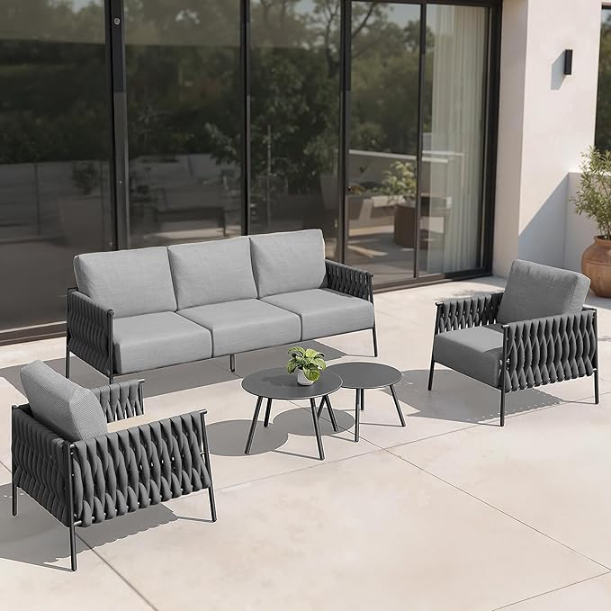 EAST OAK 5-Piece Patio Furniture Set | Life Chatter 5-Seat Outdoor Furniture | Deep Seating & Two Coffee Tables | Waterproof Extra-Thick Cushions | Porch, Balcony & Backyard | Earth Black & Misty Grey